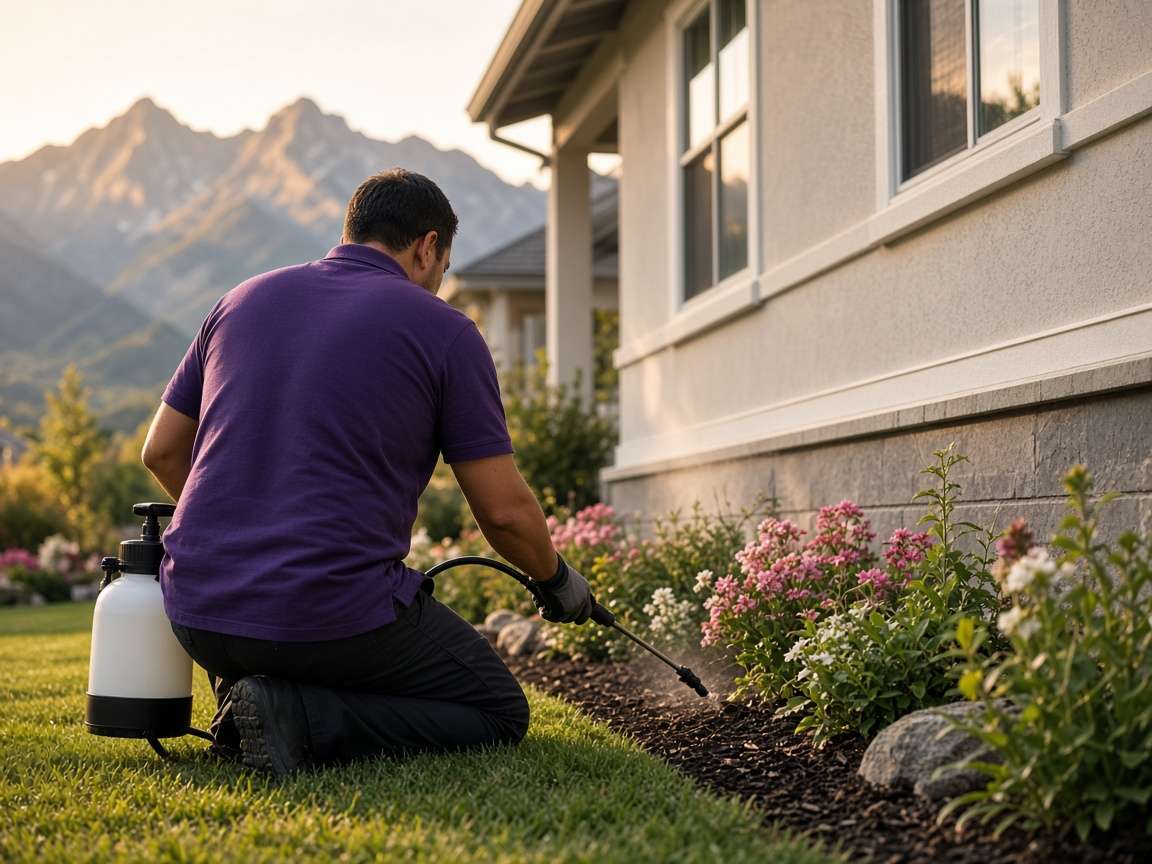 Technician applying a perimeter treatment along a home’s foundation and flower beds
